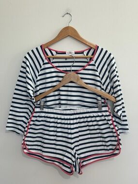 LAKE Pajamas Women’s Short Pima Cotton PJ Set Navy Stripe Size Large